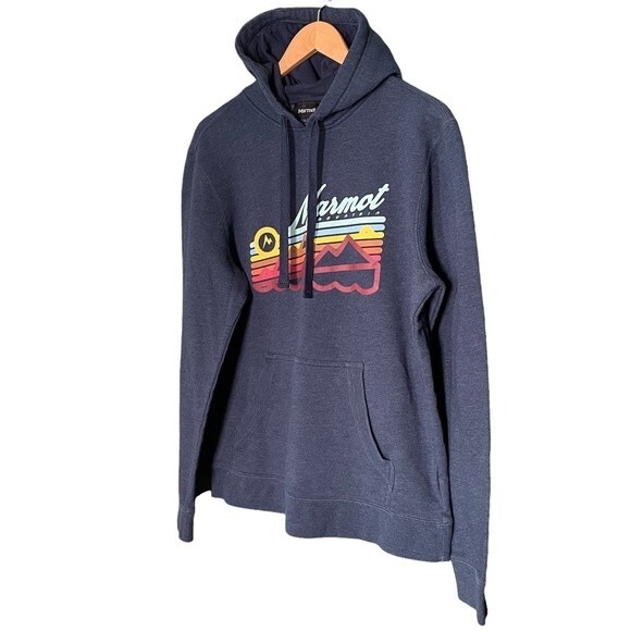 Marmot Pullover Hoodie Navy Heather Fleece Lined Graphic Print Men’s Size Medium - Picture 3 of 8